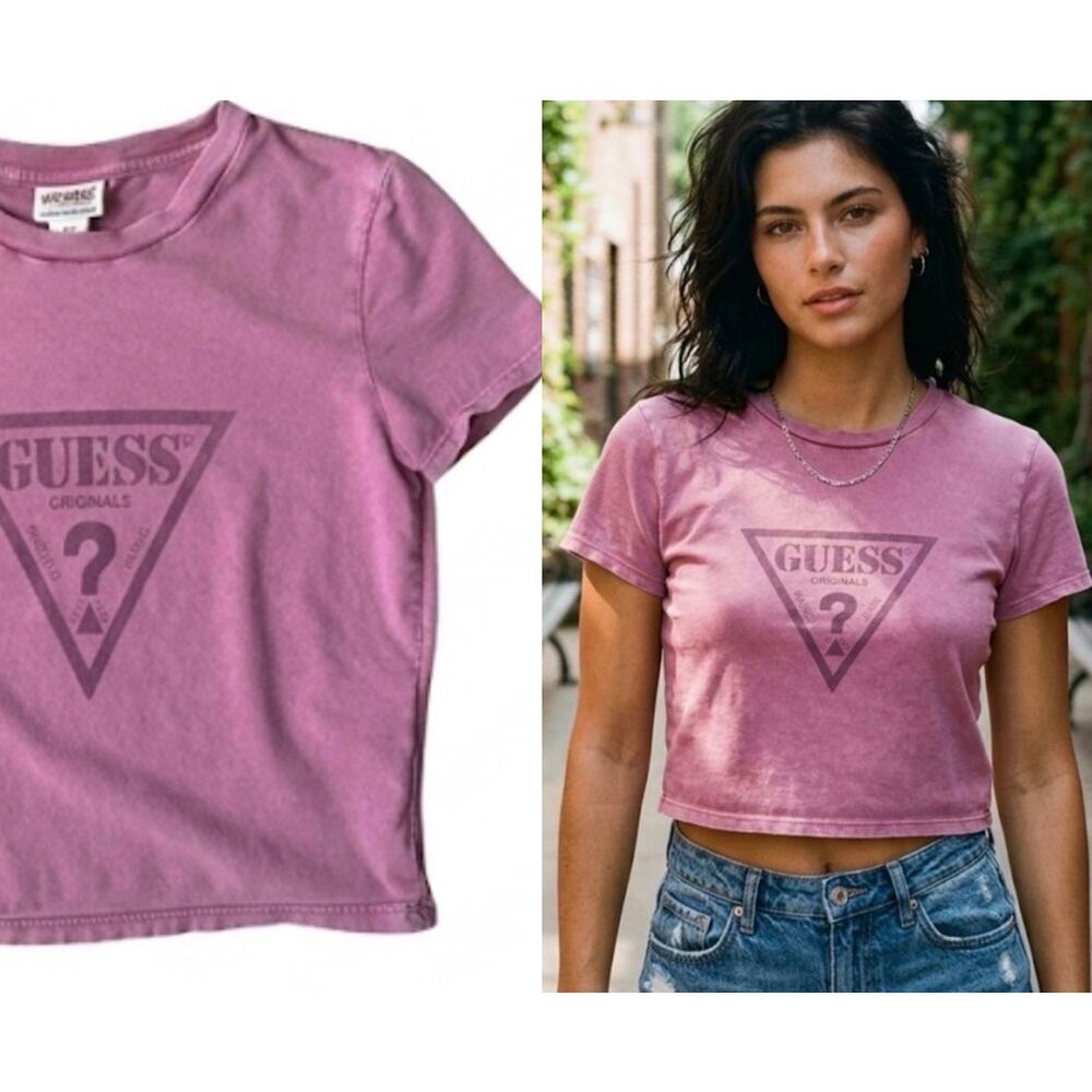 Guess Originals Pink Acid Wash Triangle Logo Crop Top Tee Small